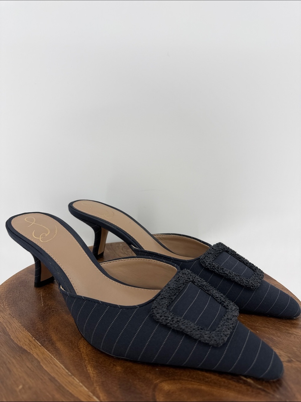 Sam Edelman Navy Pinstripe Buckle Kitten Heel Mules Size 7